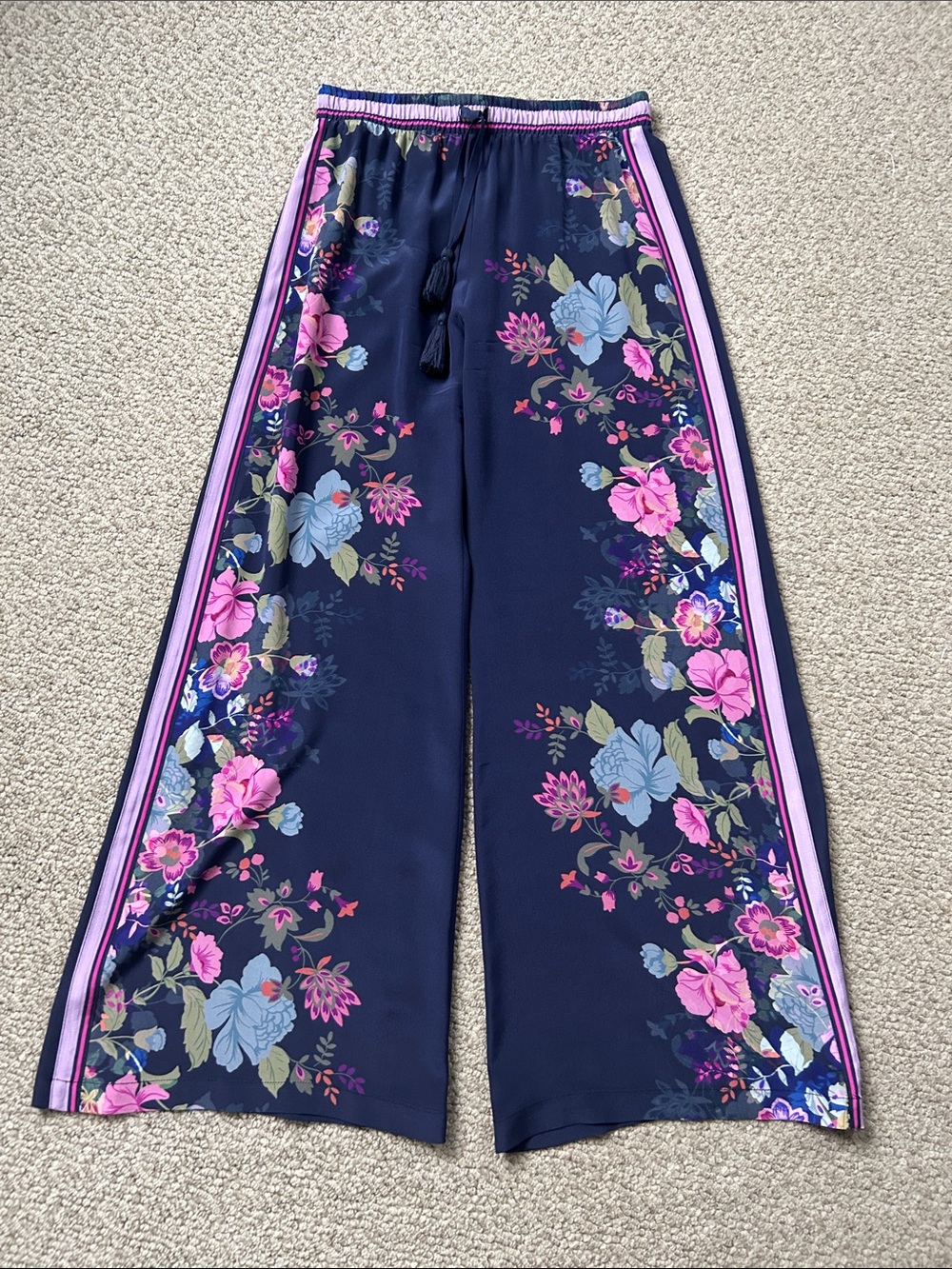 NWOT Johnny Was Navy Wide-Leg Floral Pants with Pink & Light Blue Trim